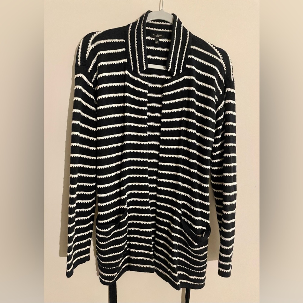 Talbots Navy Blue White Striped Long Lined Knit Cardigan Sweater Medium Petite